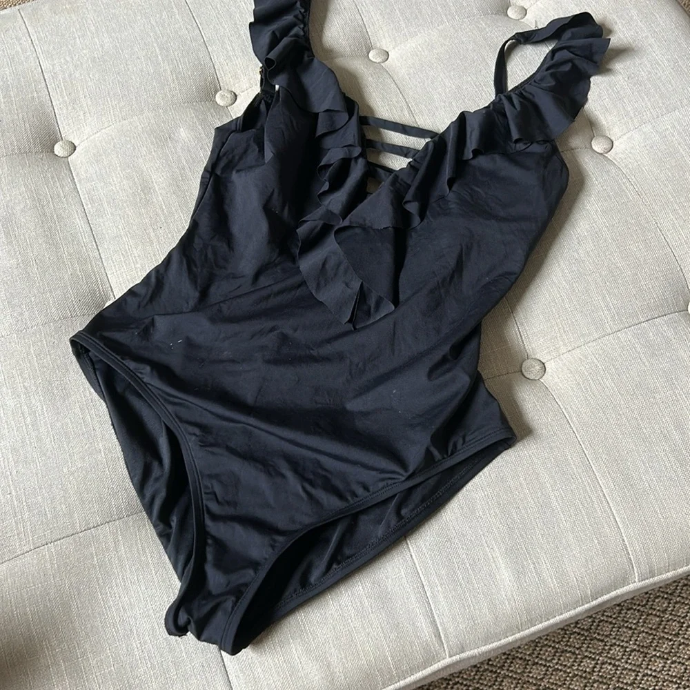Bleu Rod Beattie Black Ruffle One Piece‎ Swim Size 12